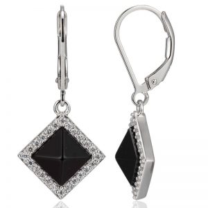 Sterling Silver Rhodium Plated Genuine Black Agate and CZ Pyramid Leverback Earring