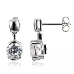 Sterling Silver Rhodium Plated Solitaire Cubic Zirconia Drop Post Earring
