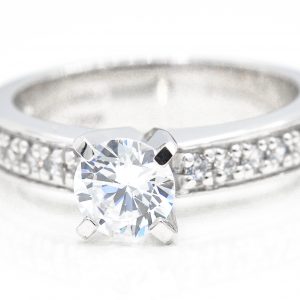 14K White Gold Solitaire Cubic Zirconia Ring with Accents on Sides