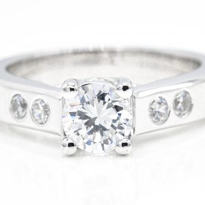 14K White Gold Solitaire Cubic Zirconia Ring with Accents on Sides