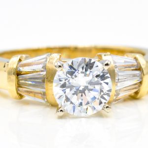 14K Yellow and White Gold Cubic Zirconia Ring with Baguettes on Sides