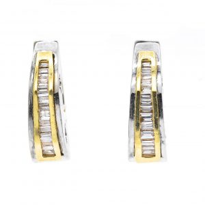 14 Karat White and Yellow Gold International Baguette Diamond Hoop Earrings with Star Cutouts