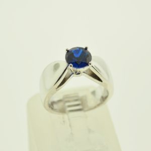 14KW Ladies Solitaire Synthetic Blue Sapphire Ring