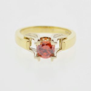 18KY Ladies Solitaire Synthetic Orange Stone Ring