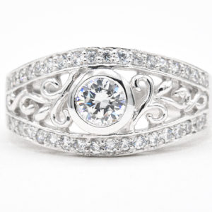 14K White Gold Cubic Zirconia Ring with Scroll Accents and Cubic Zirconia Accents on Edges