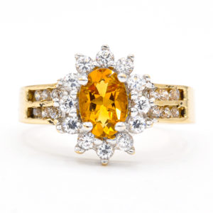 10K Yellow Gold Yellow Synthetic Stone with Cubic Zirconia Halo and Cubic Zirconias on Sides Ring