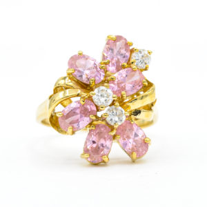 10K Yellow Gold Pink Cubic Zirconia with White Cubic Zirconia Flower Ring