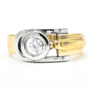 14K Yellow and White Gold Solitaire Bezel Set Cubic Zirconia Ring