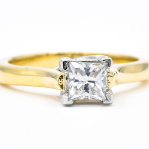 14K Yellow and White Gold Solitaire Princess Cut Cubic Zirconia Ring